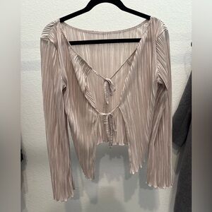 Tan Pleated Crop Blouse with Tie Front